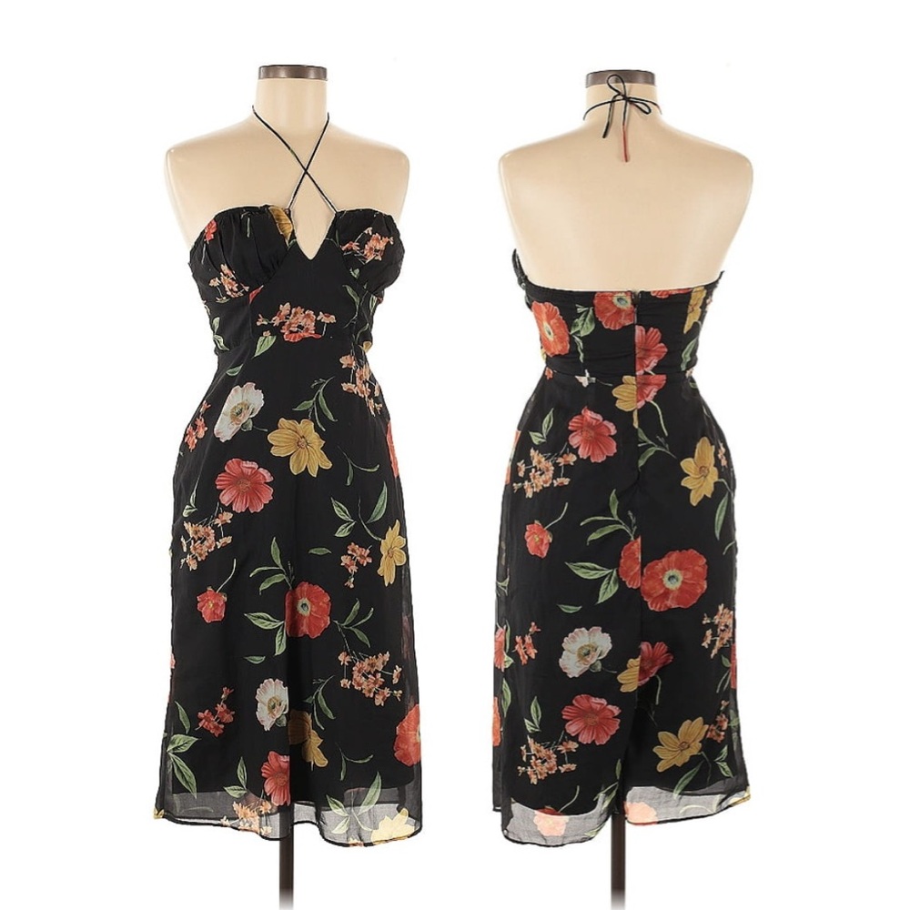 Urban Outfitters Black Floral Cocktail Sundress Cross-Strap Midi Vacation Dress